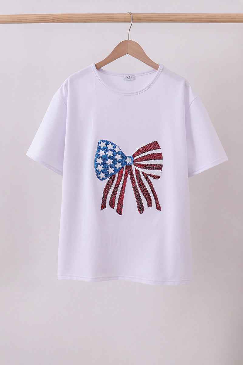 White bow sequin mom&me top