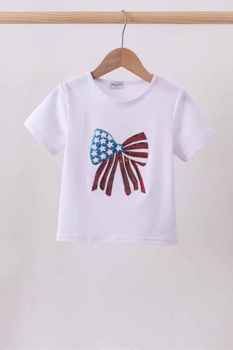 White bow sequin mom&me top