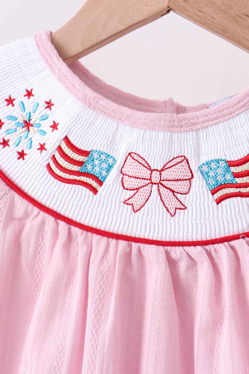 Pink fireworks flag smocked jacquard scalloped ruffle bloomer set