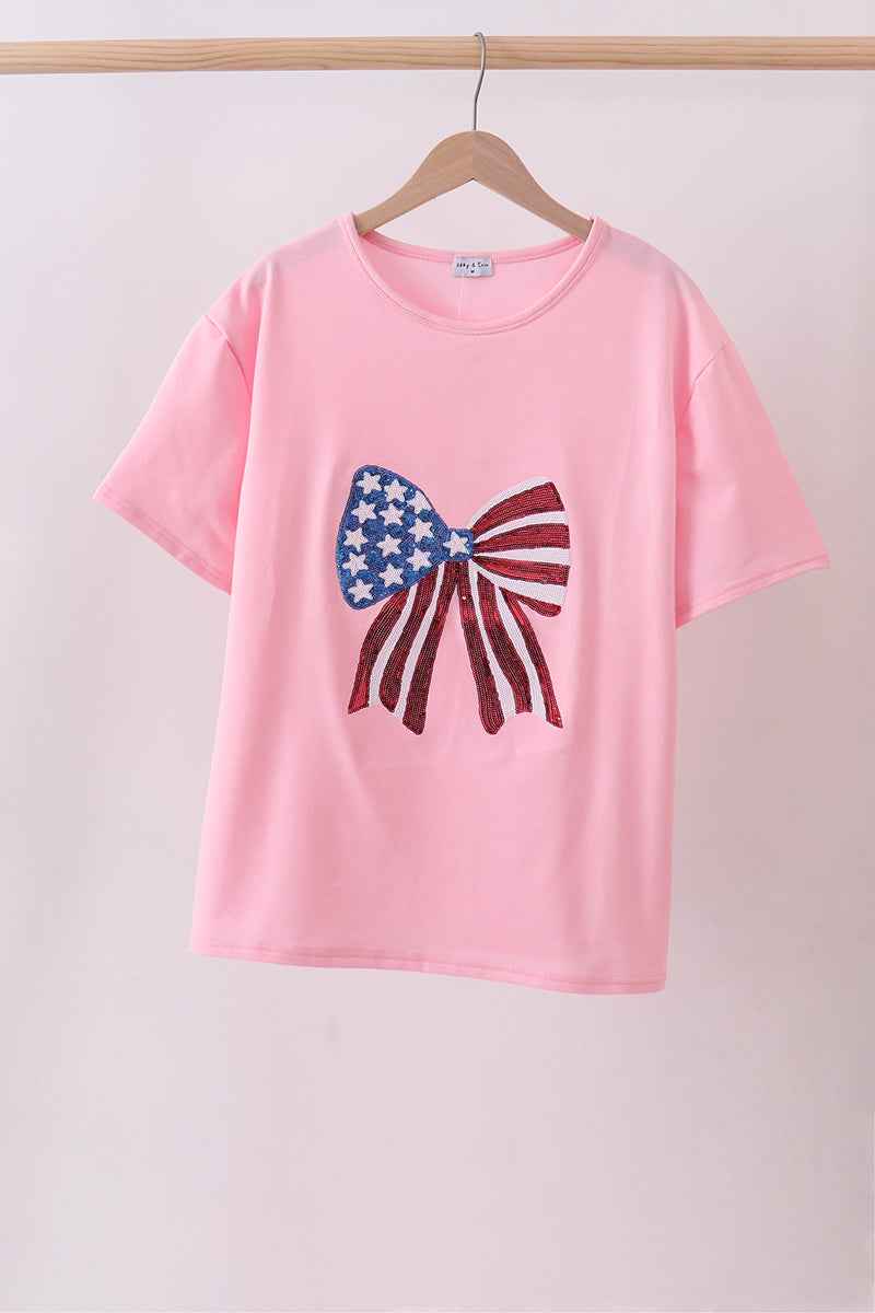 Pink flag bow sequin mom&me top