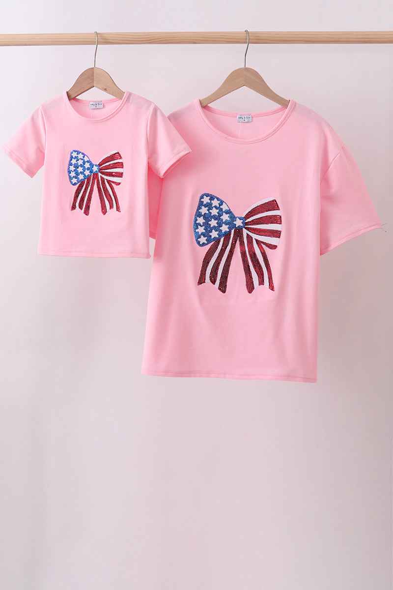 Pink flag bow sequin mom&me top