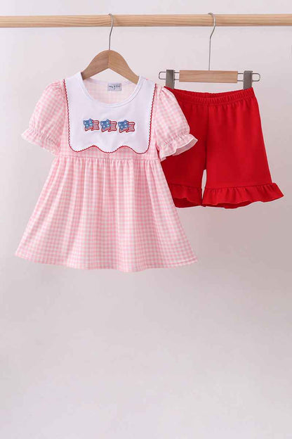 Pink flag embroidery gingham ruffle shorts set