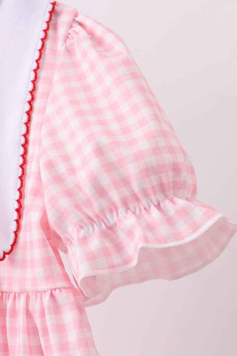 Pink flag embroidery gingham ruffle shorts set