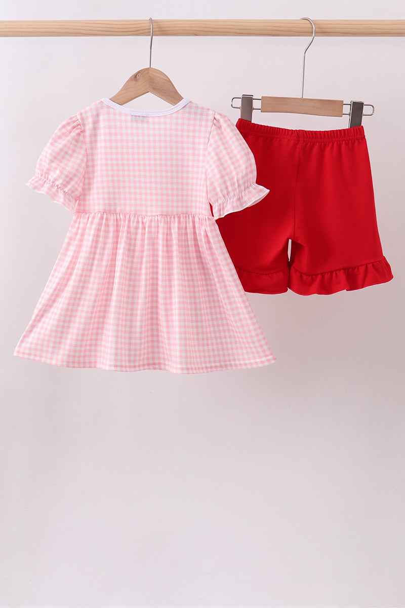 Pink flag embroidery gingham ruffle shorts set