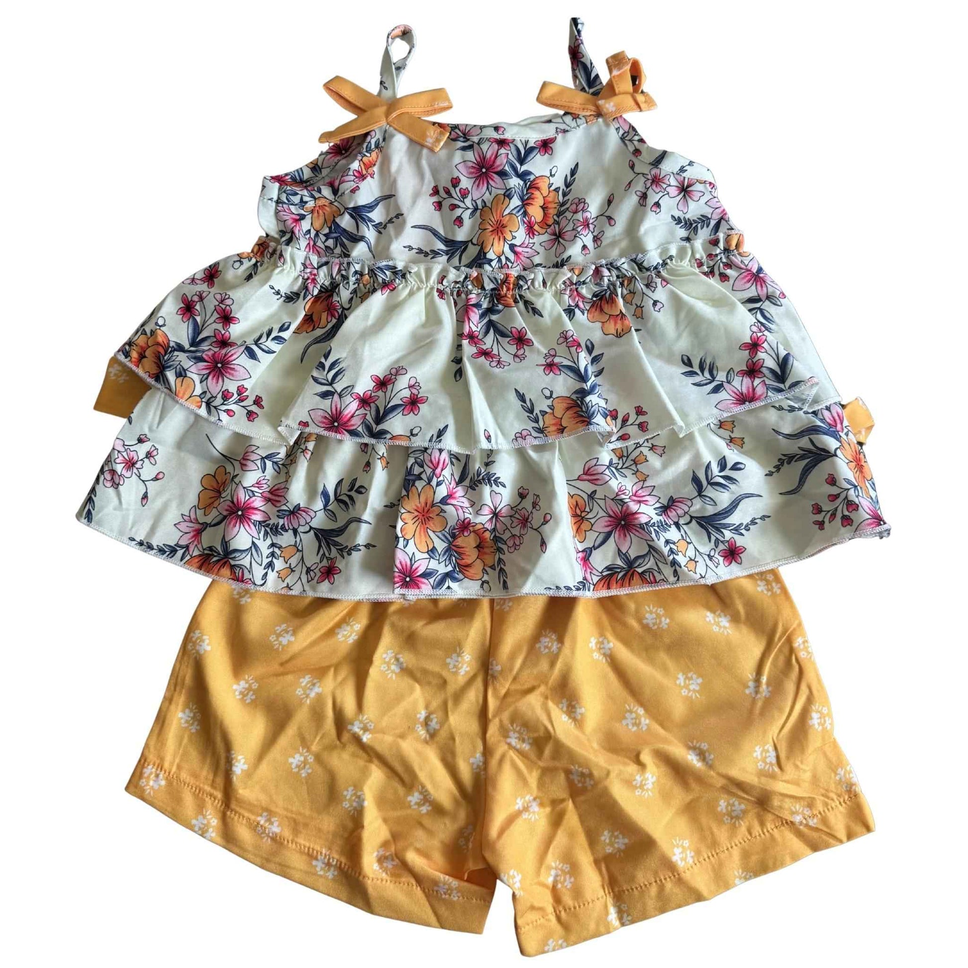 2pc Floral Ruffled Bowknot Shorts Set