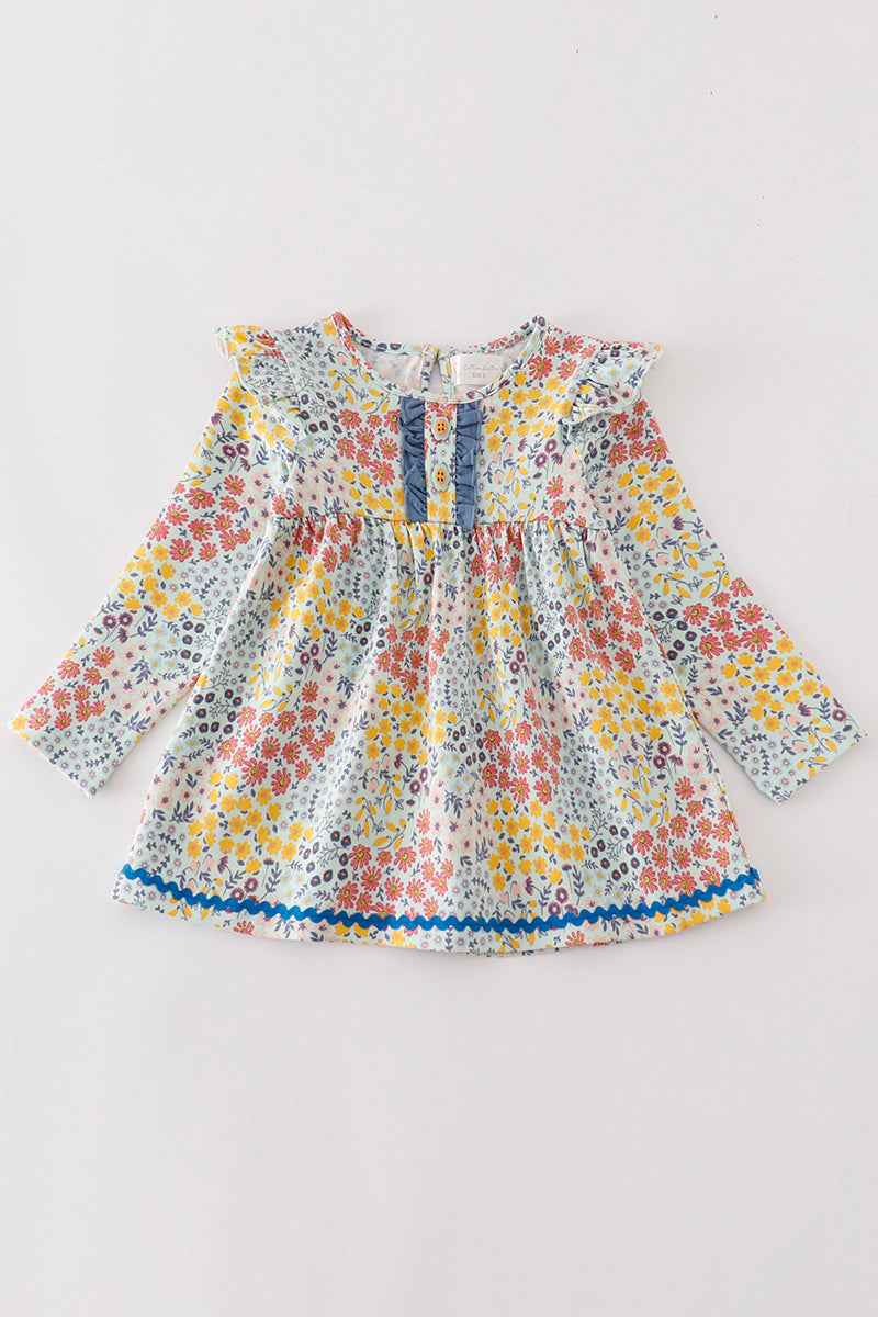 Blue floral print ruffle dress