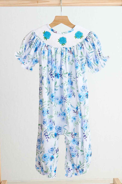 Blue rose hand smocked print romper
