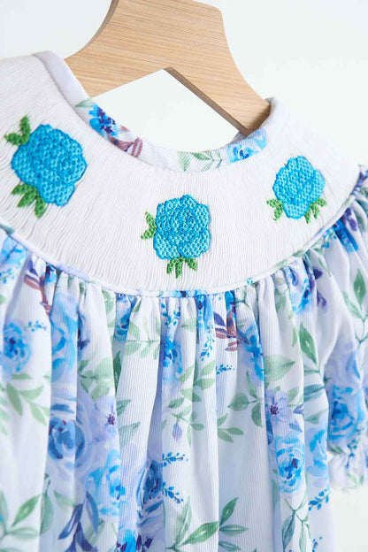 Blue rose hand smocked print romper