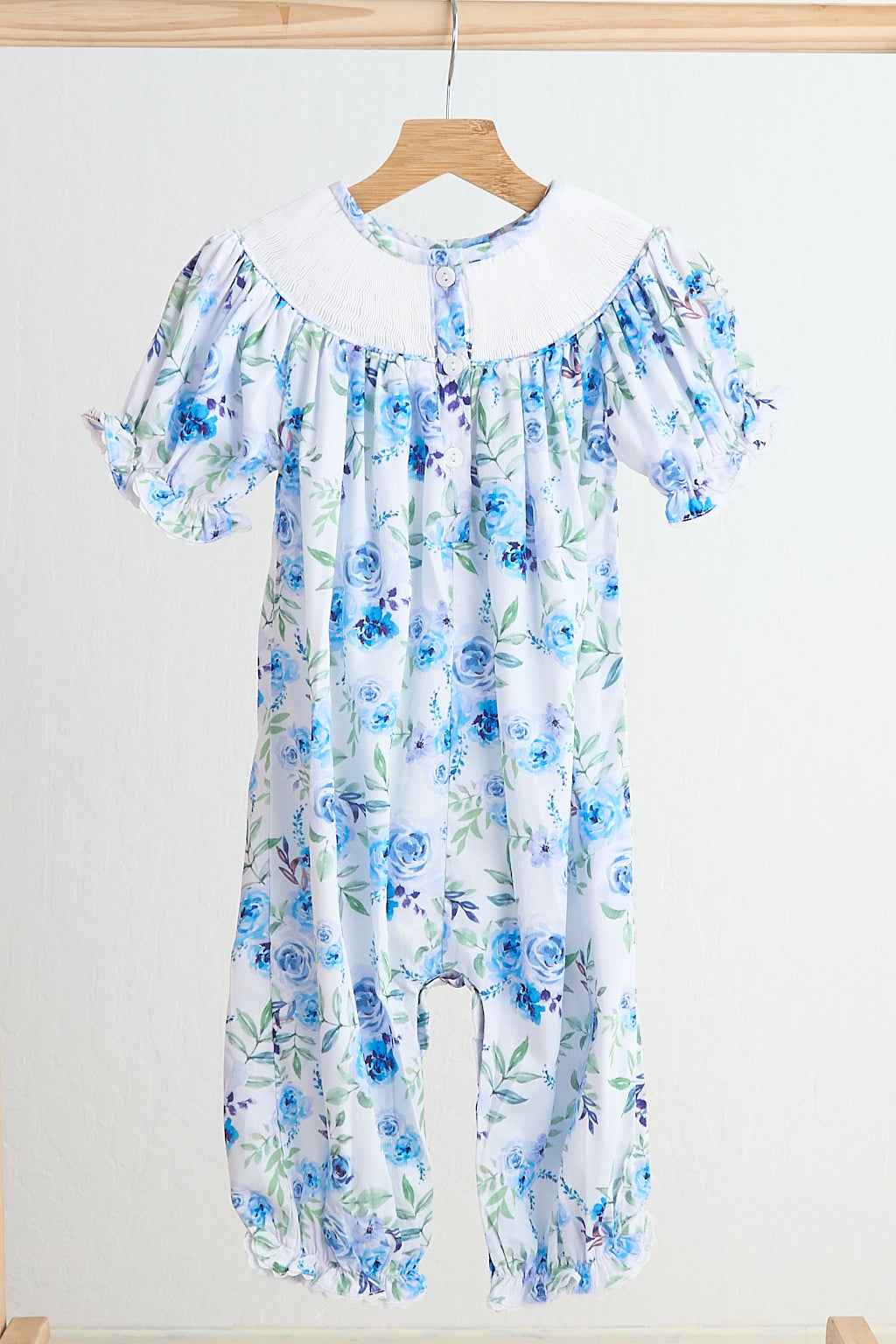 Blue rose hand smocked print romper