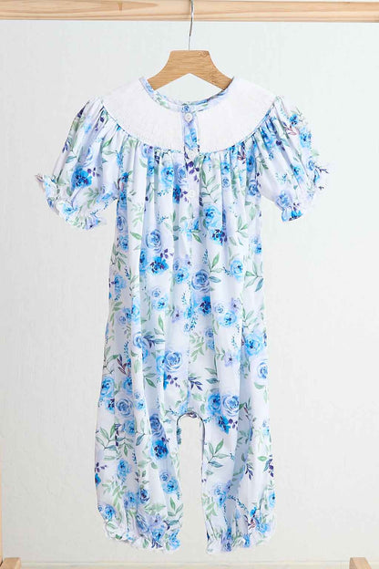 Blue rose hand smocked print romper