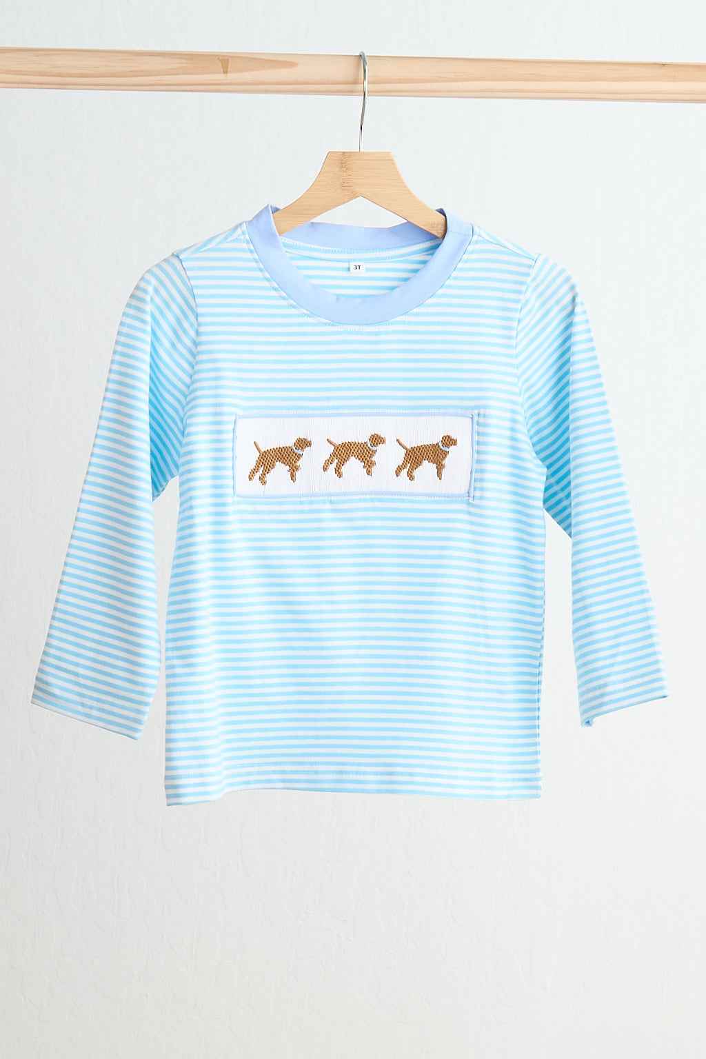 Blue puppy hand smocked stripe top