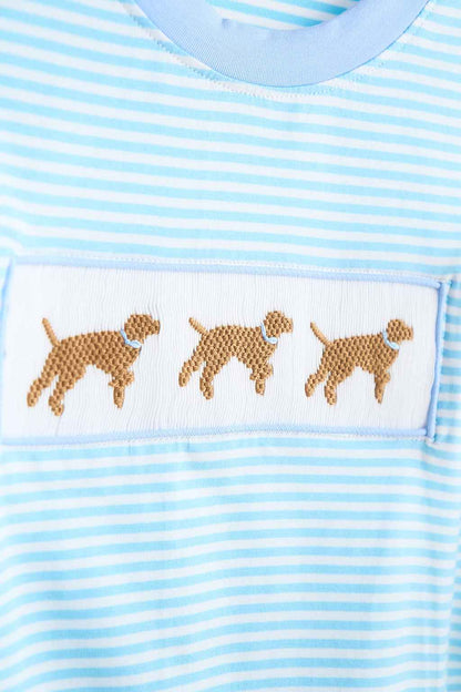 Blue puppy hand smocked stripe top