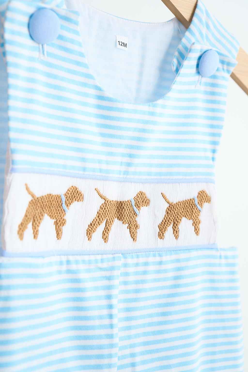 Blue puppy hand smocked stripe jonjon