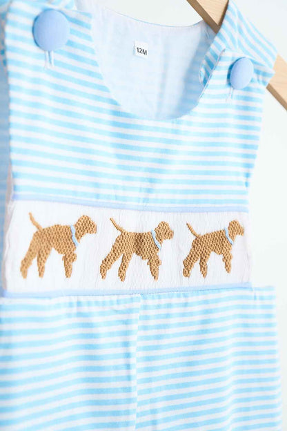 Blue puppy hand smocked stripe jonjon