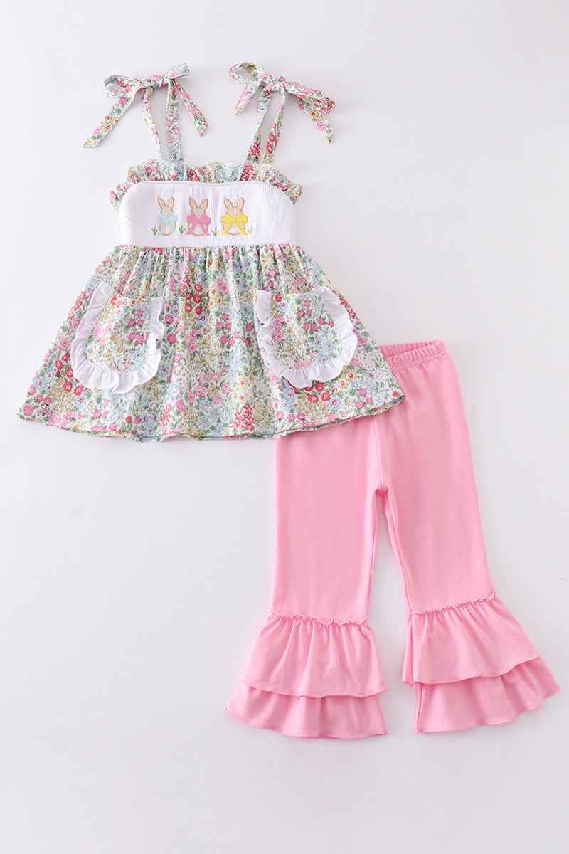 Floral print bunny embroidery smocked set