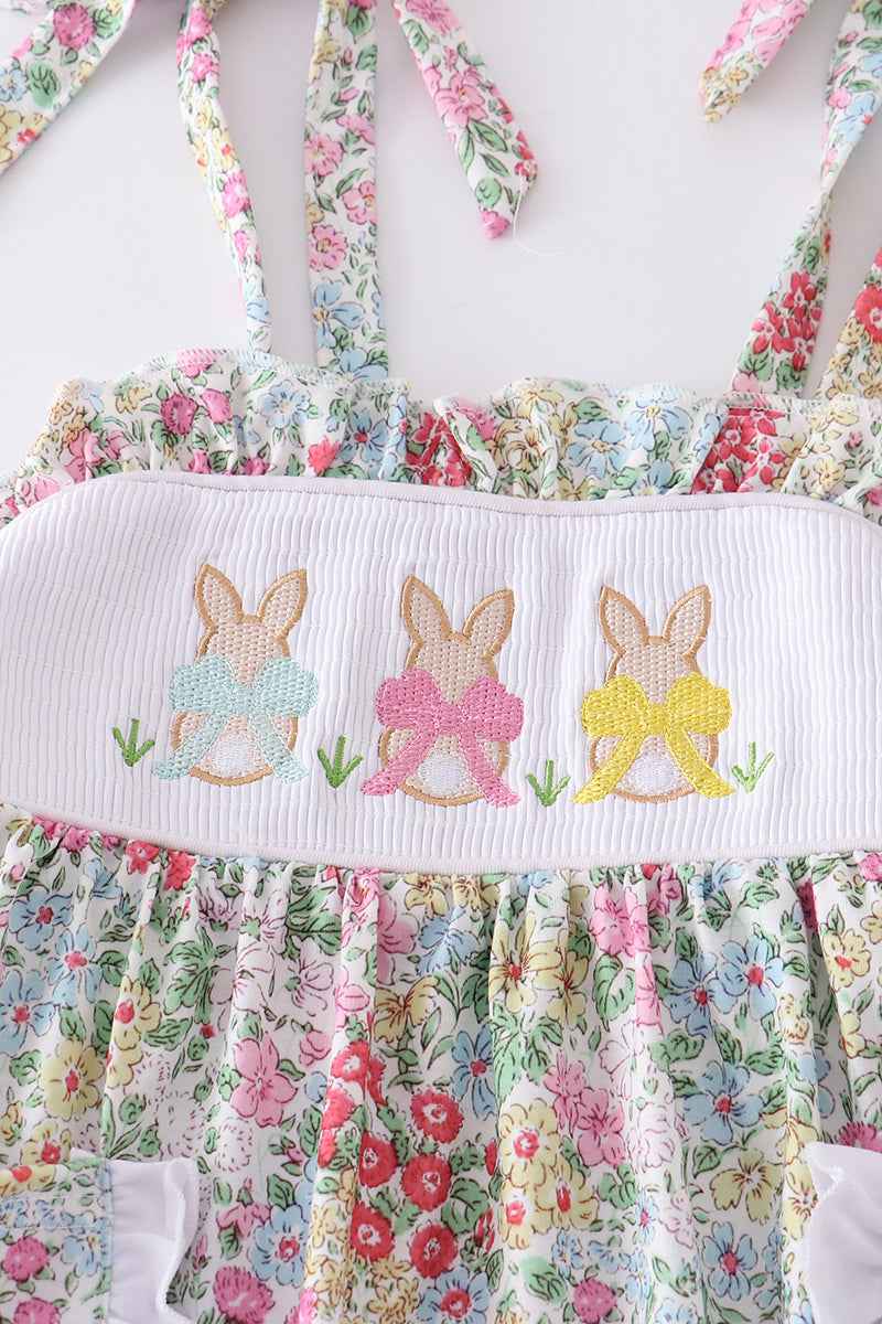 Floral print bunny embroidery smocked set