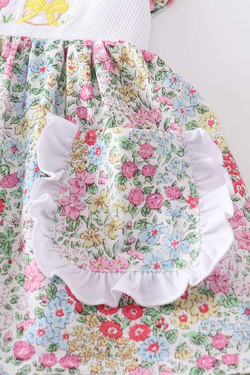 Floral print bunny embroidery smocked set