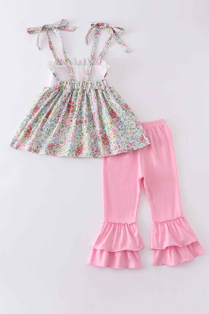 Floral print bunny embroidery smocked set