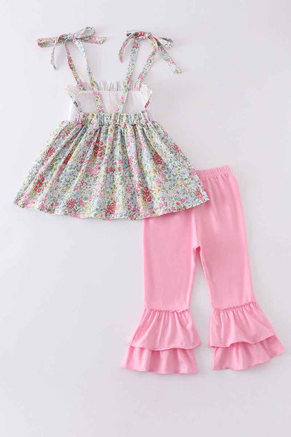Floral print bunny embroidery smocked set