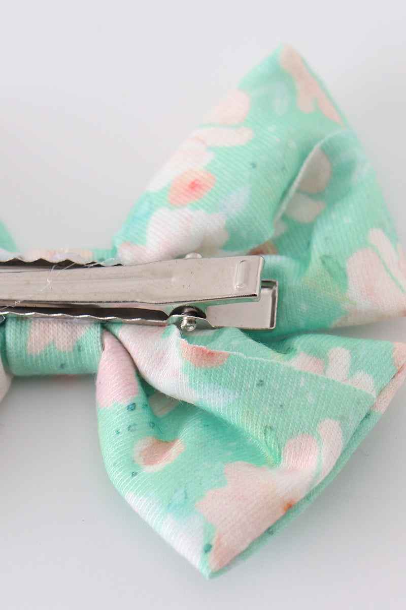 Green floral print girl piggie hair bow