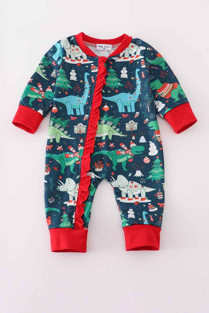 Green dinosaur print ruffle romper