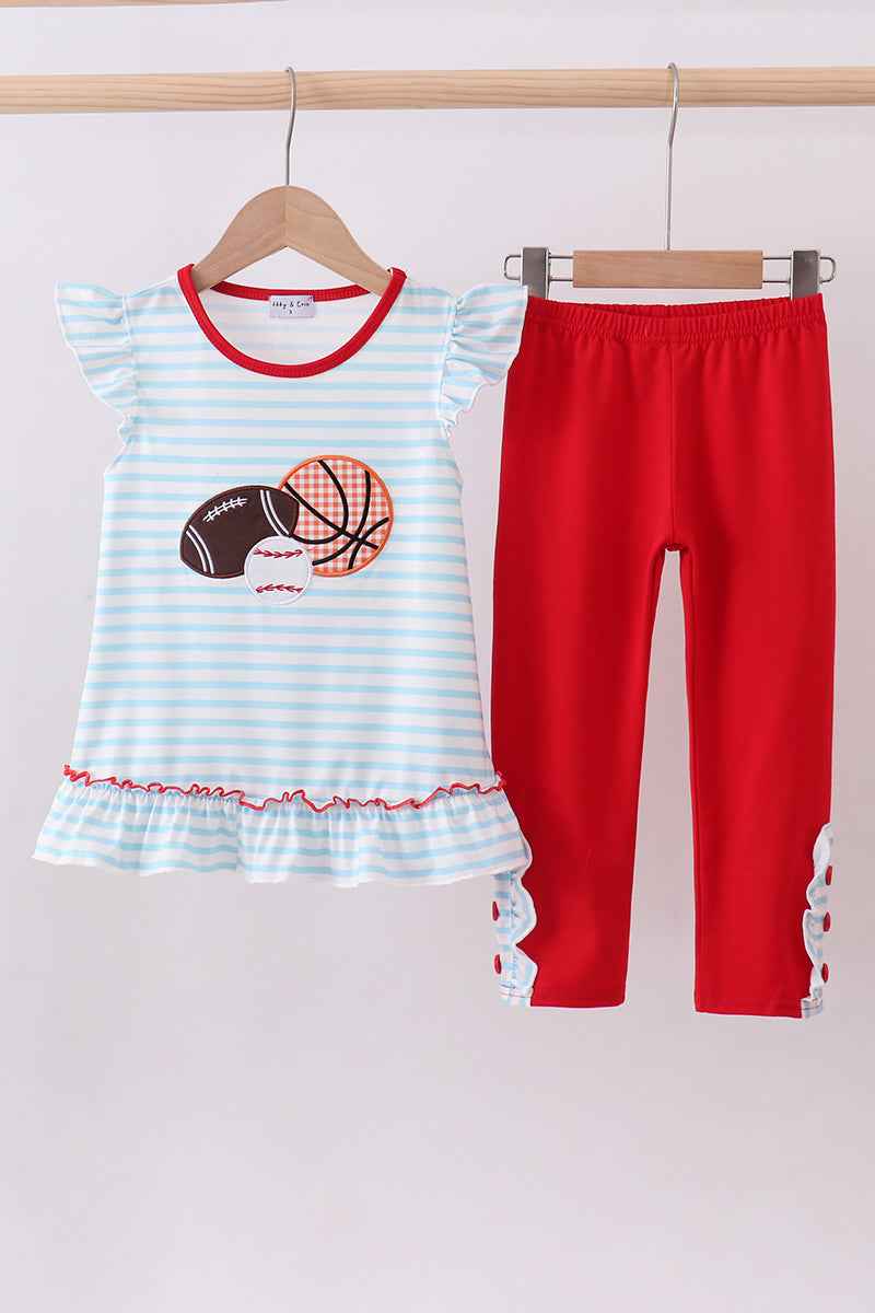 Blue stripe sports ruffle pants set