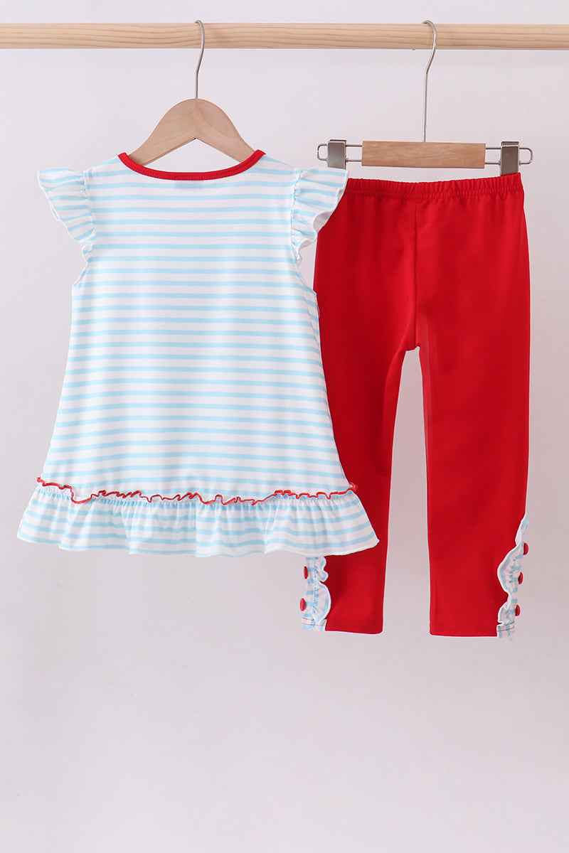 Blue stripe sports ruffle pants set