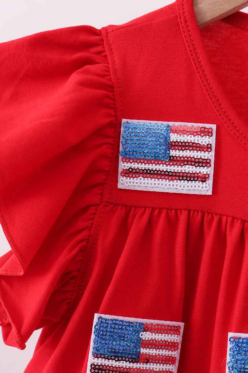 Red flag sequin tiered ruffle dress