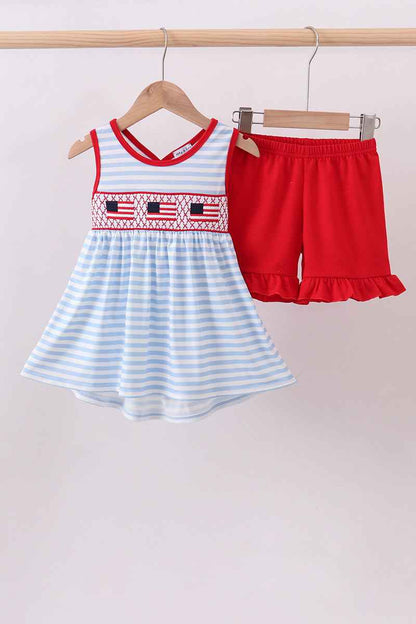 Red flag stripe ruffle shorts set