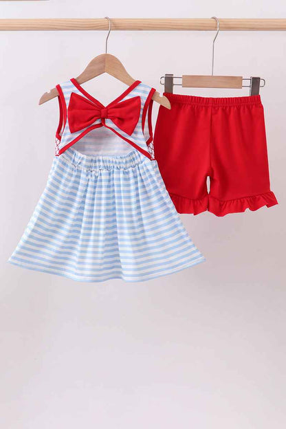 Red flag stripe ruffle shorts set