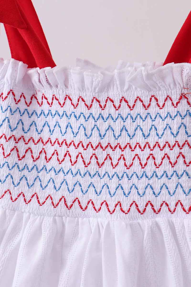 White smocked jacquard ruffle dress