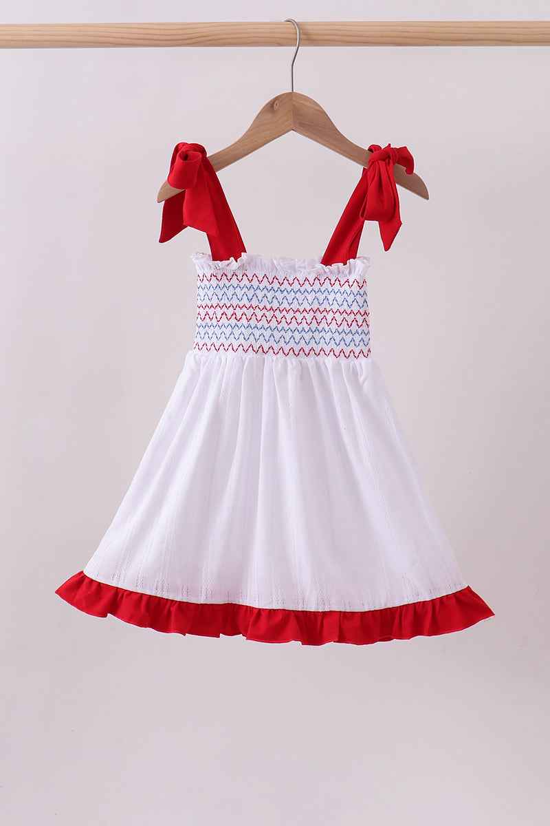 White smocked jacquard ruffle dress