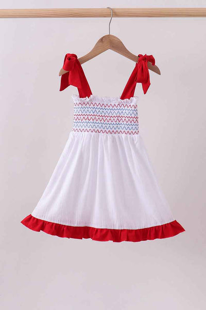 White smocked jacquard ruffle dress