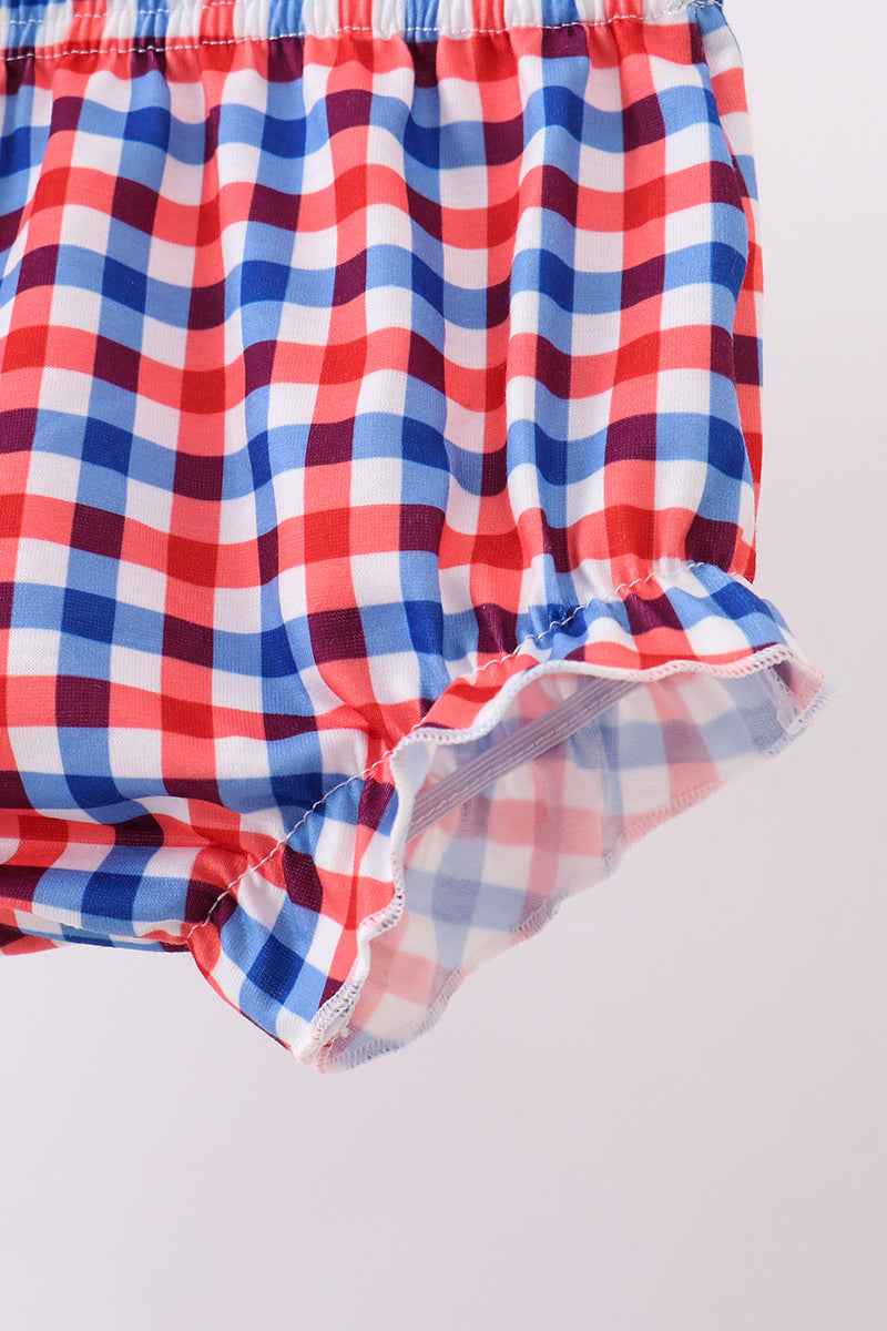 White flag smocked ruffle gingham bloomer set