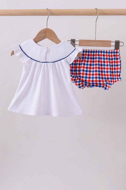 White flag smocked ruffle gingham bloomer set