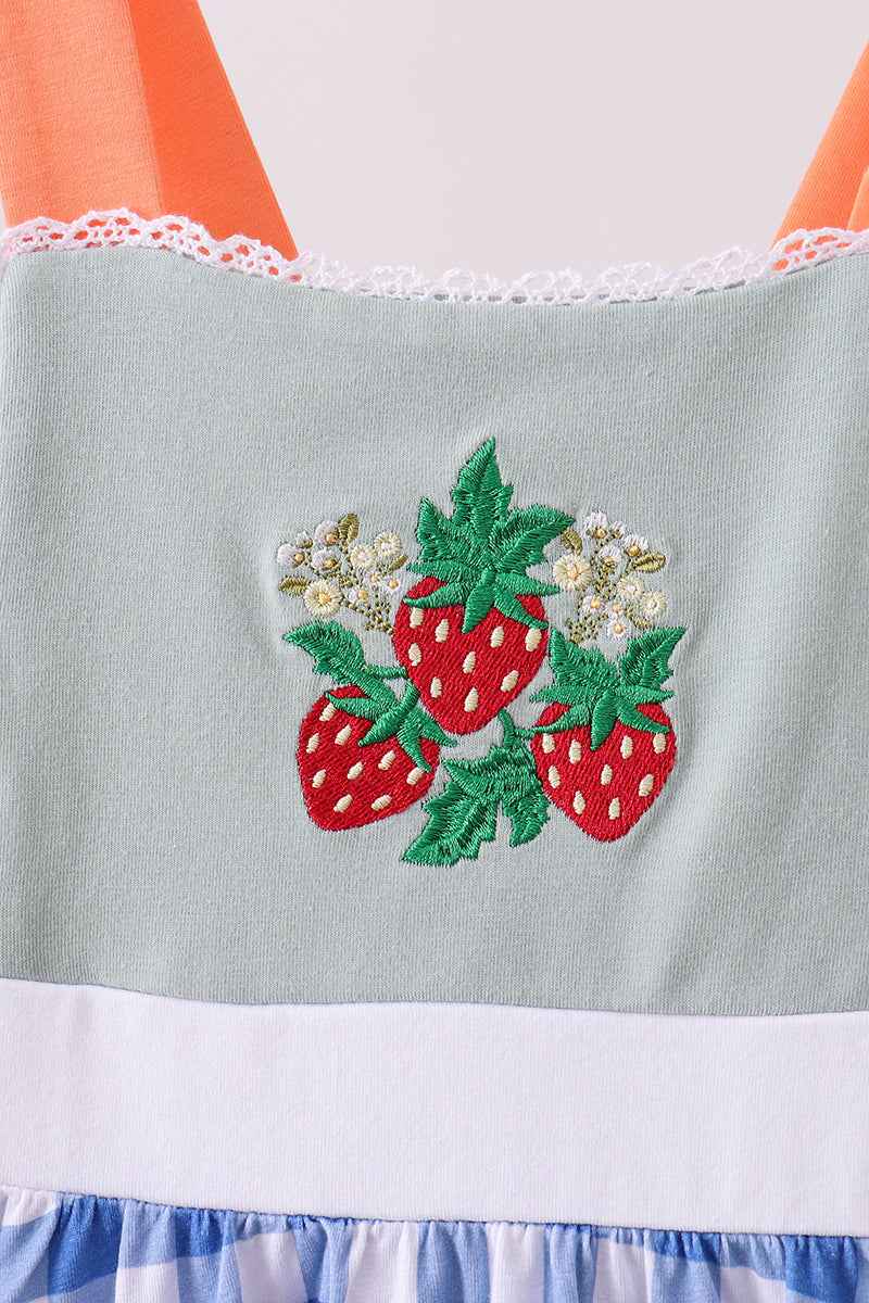 Sage strawberry embroidery ruffle gingham dress