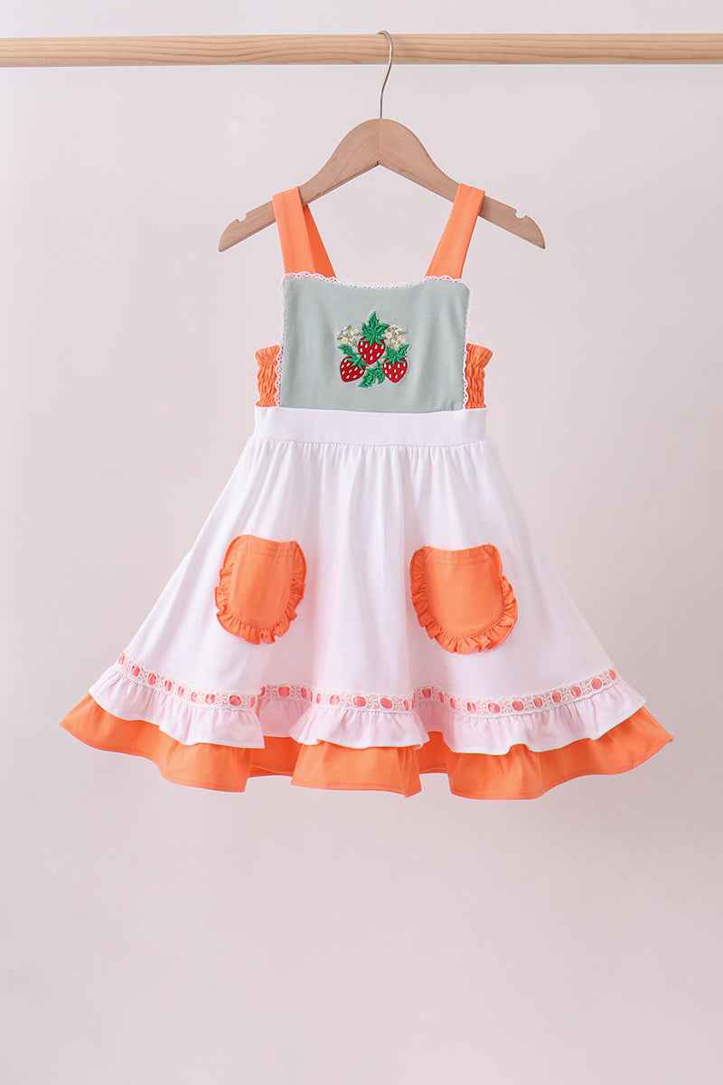 Sage strawberry embroidery ruffle dress