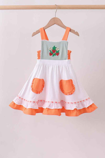 Sage strawberry embroidery ruffle dress