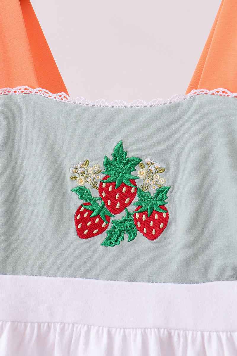 Sage strawberry embroidery ruffle dress