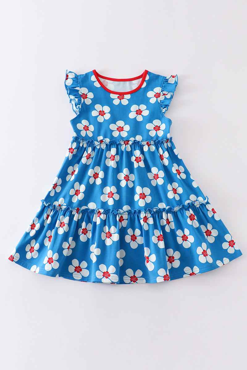 Blue white floral print ruffle dress