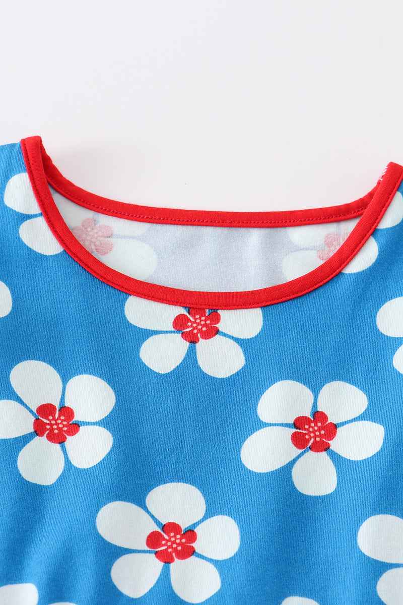 Blue white floral print ruffle dress