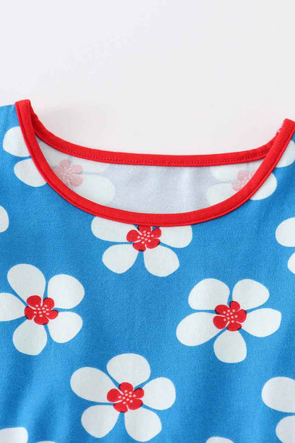 Blue white floral print ruffle dress