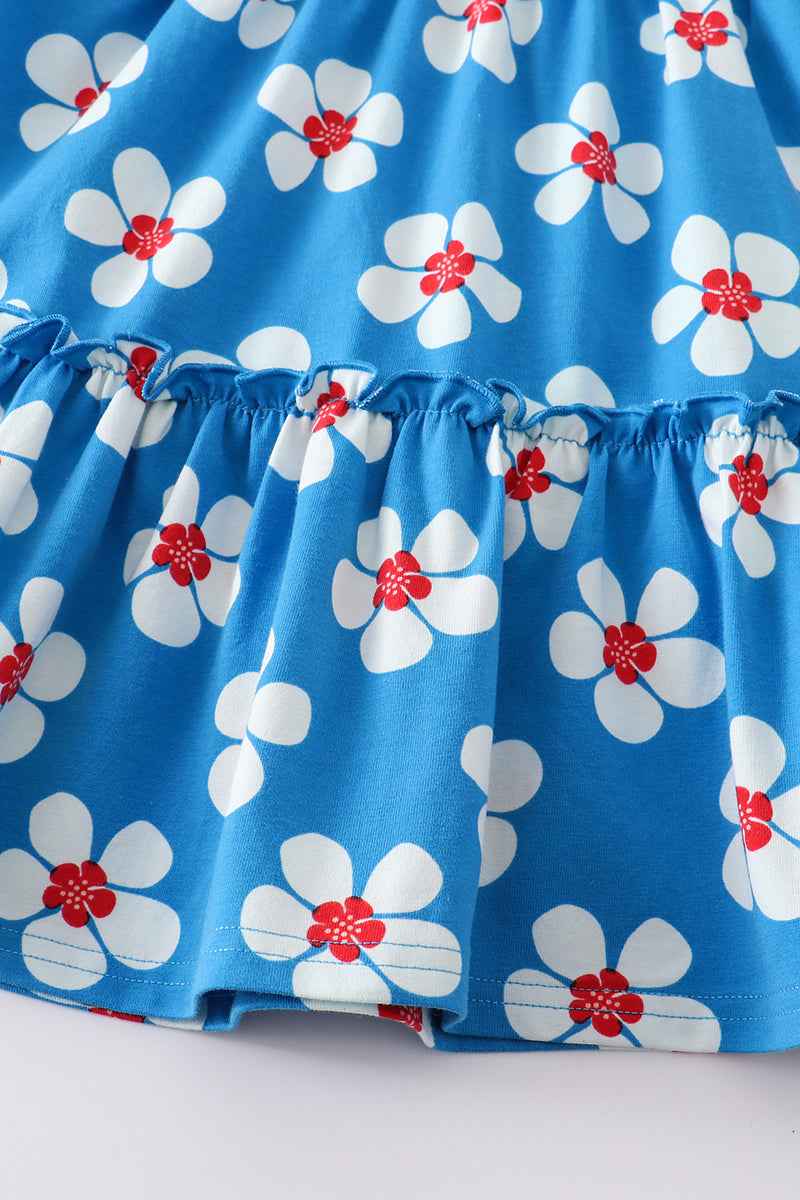 Blue white floral print ruffle dress