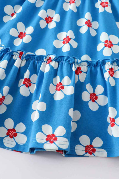 Blue white floral print ruffle dress