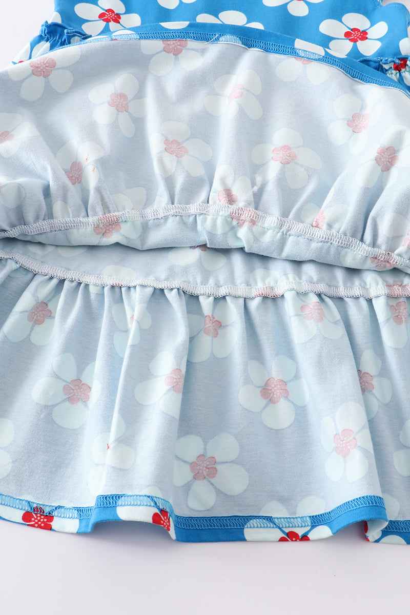 Blue white floral print ruffle dress