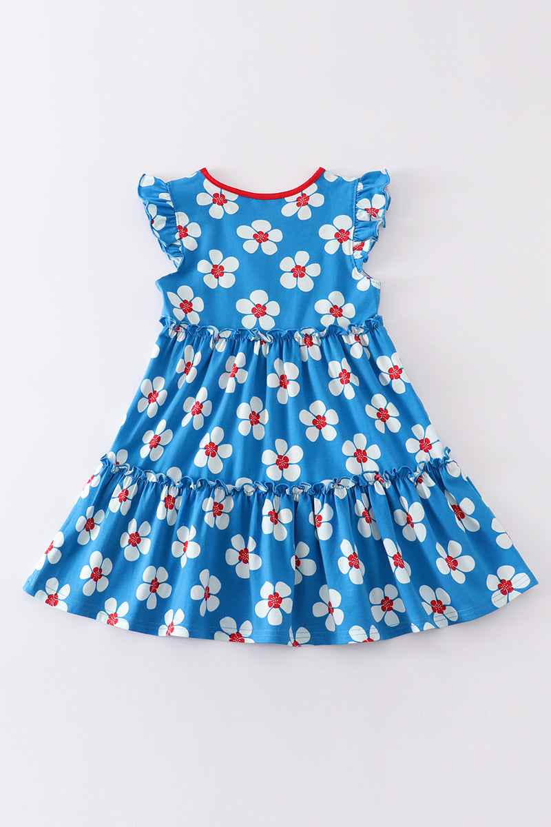 Blue white floral print ruffle dress